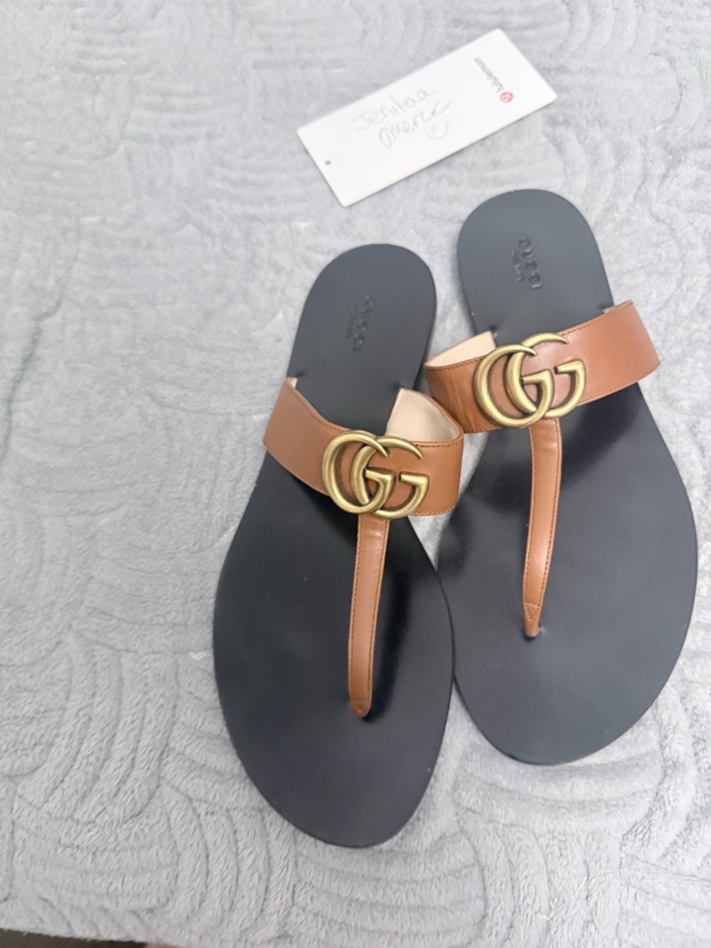 Gucci Black Footbed with Tan Leather Strap Sandals